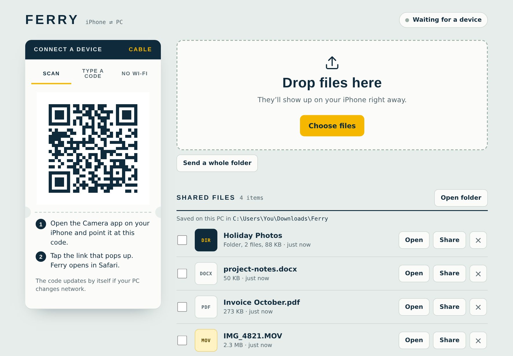 Ferry on a PC showing a QR code to connect an iPhone, and a list of shared files and folders